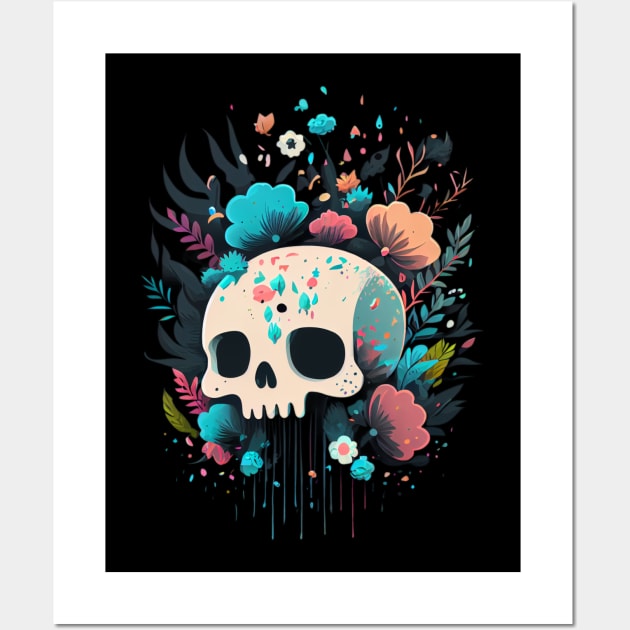 Kawaii Skull and Flowers Wall Art by TechnoBubble